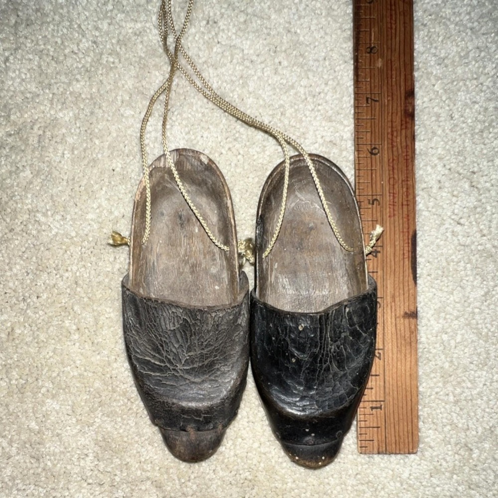 Vintage Miniature Wooden Clogs Leather Folk Art Decorative Hanging Shoes